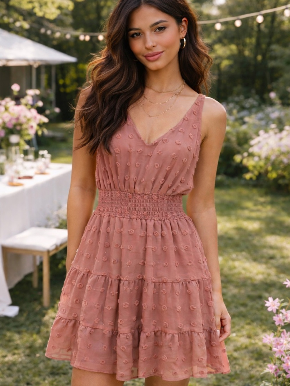 Dusty Rose Swiss Dot Mini Sleeveless Smocked Waist Tiered Spring Wedding Party